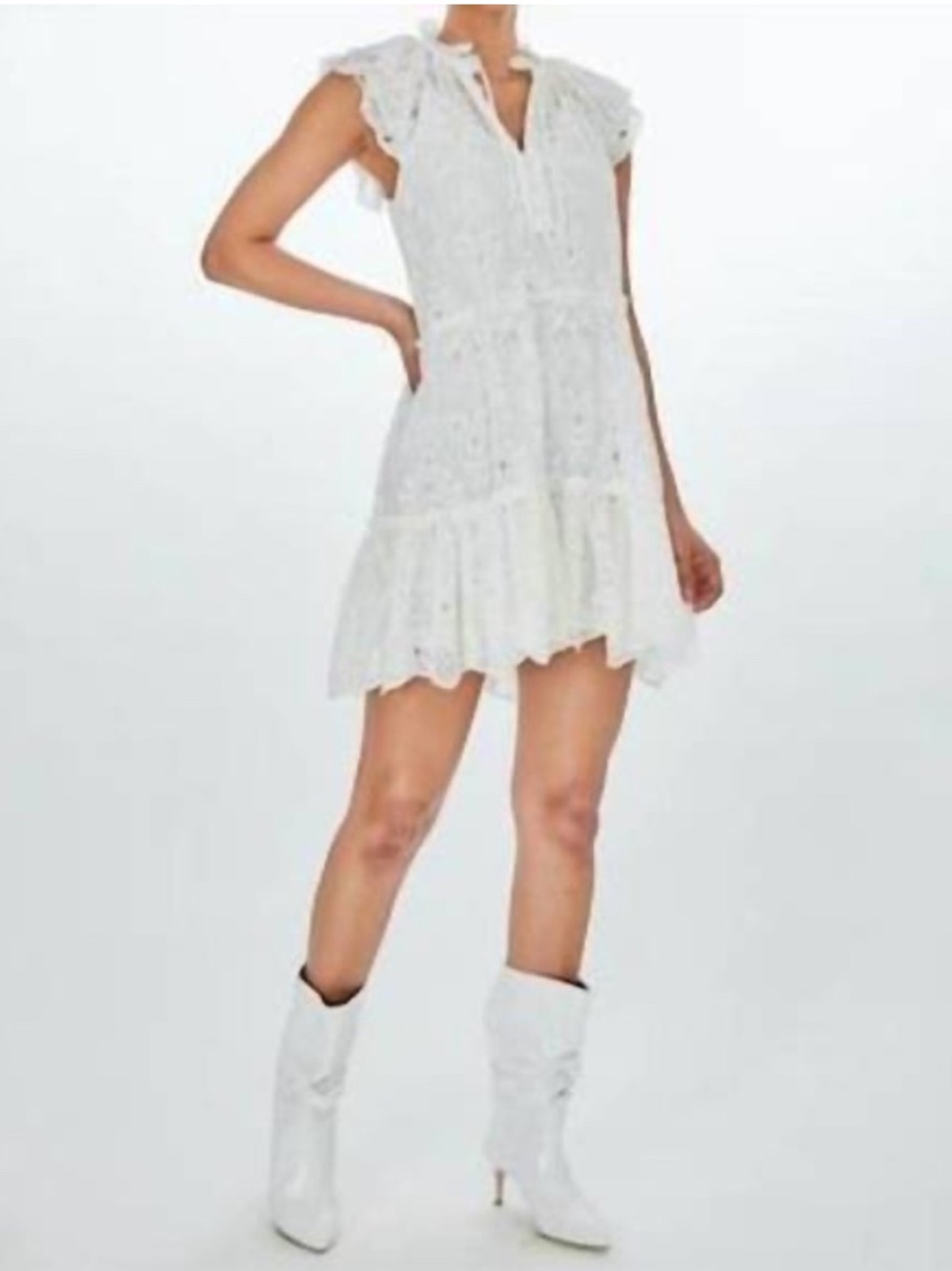 Generation Love White Eyelet Flutter Sleeve Tiered Boho Bridal Mini Dress Medium - Picture 2 of 10